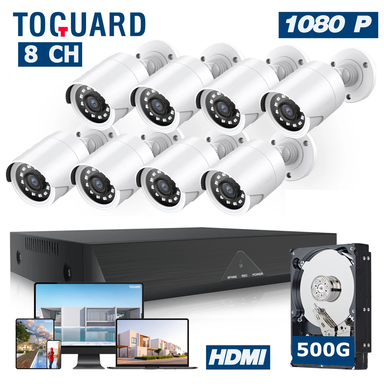 SC35 8CH Wired Security Camera System Outdoor with 500G Hard Drive 8Pcs 1080P Bullet Surveillance Cameras HDMI Connector