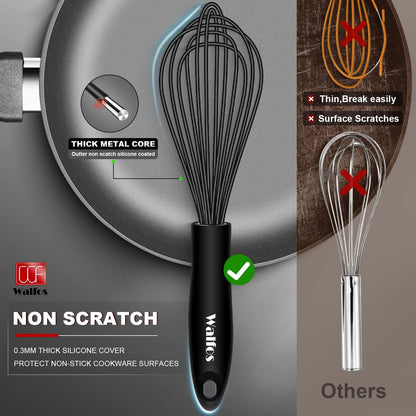 Silicone Whisk,Stainless Steel Wire Whisk Set of 3 -Heat Resistant 480°F Kitchen Whisks for Non-Stick Cookware,Balloon Egg Beater Perfect for Blending,Whisking,Beating,Frothing & Stirring,Black