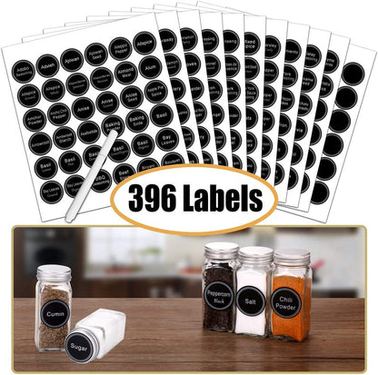 Spice Rack Organizer with 32 Glass Spice Jars and 396 Spice Labels | Chalk Marker, Funnel, 4Oz Empty Spice Bottles, 4 Tier Spice Organizer for Cabinet, Countertop, Cupboard or Wall Mount, Black