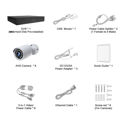 SC35 8CH Wired Security Camera System Outdoor with 500G Hard Drive 8Pcs 1080P Bullet Surveillance Cameras HDMI Connector