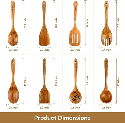 Teak Wood 8-Piece Wooden Kitchen Utensils Set, Wooden Spoons for Cooking, Smooth Wood Spatula Set for Nonstick Cookware, Daily Cooking, Housewarming Gift