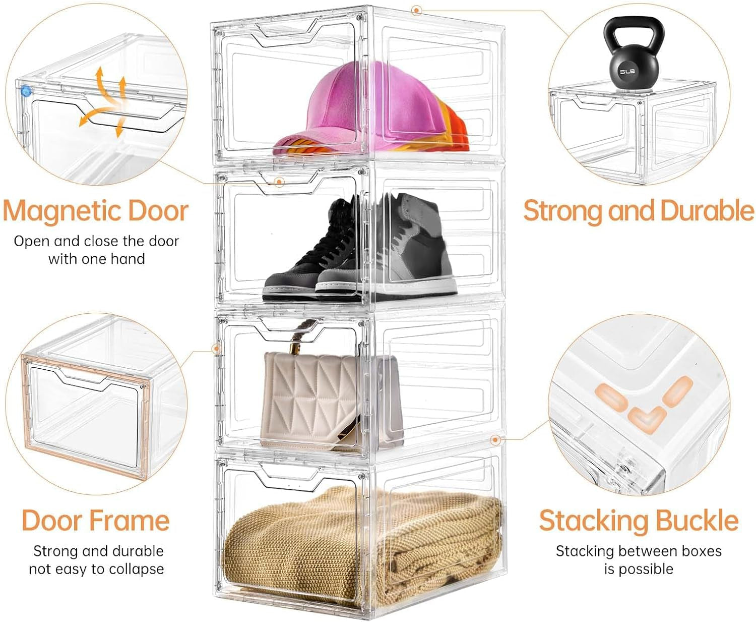 6 Pack Closet Organizers and Storage,Clear Stackable Plastic Storage Bins with Lids Magnetic Doors,Clothes Organizers and Storage,Plastic Craft Containers for Wardrobe Kitchen Bathroom Office