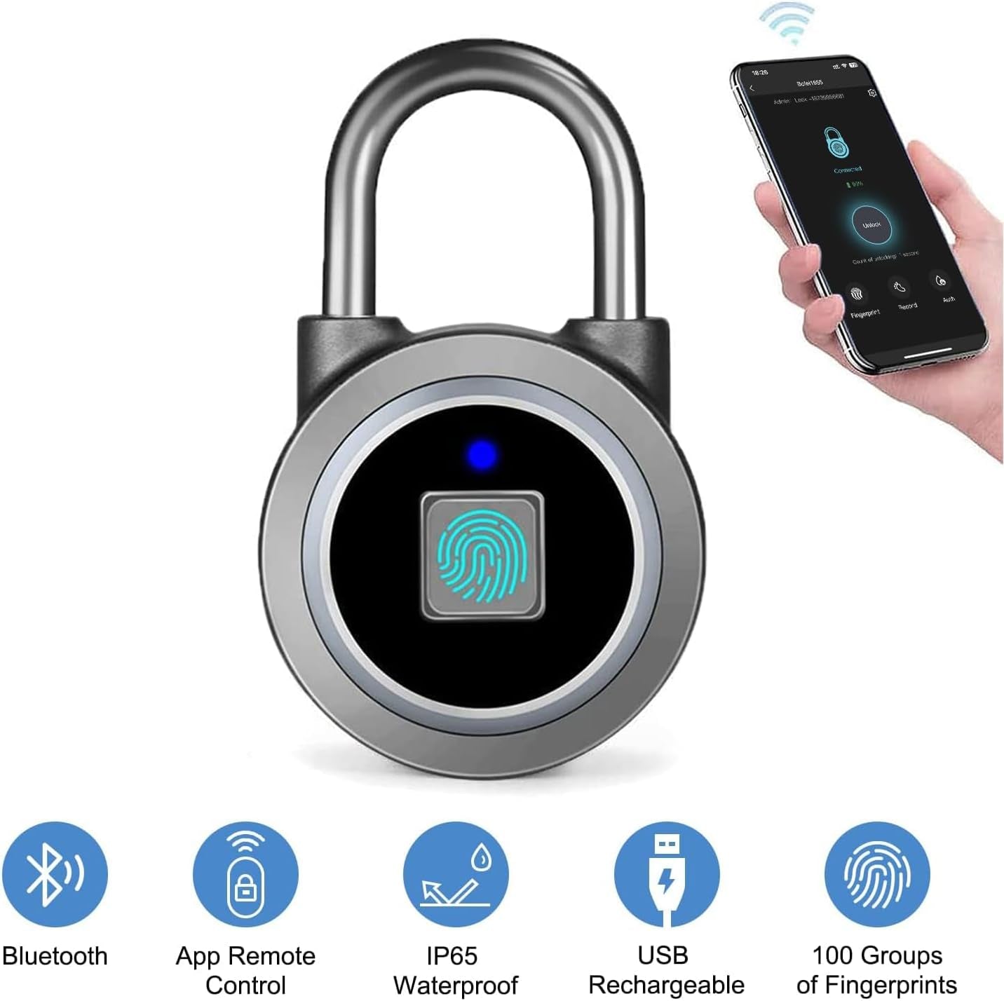 Fingerprint Padlock  Fingerprint Gym Lock for Locker, Biometric Padlock Bluetooth Smart Padlock, Rechargeable Waterproof Lock for Gym Locker, School Locker, Gate, Fence, Shed, Garage (Grey)