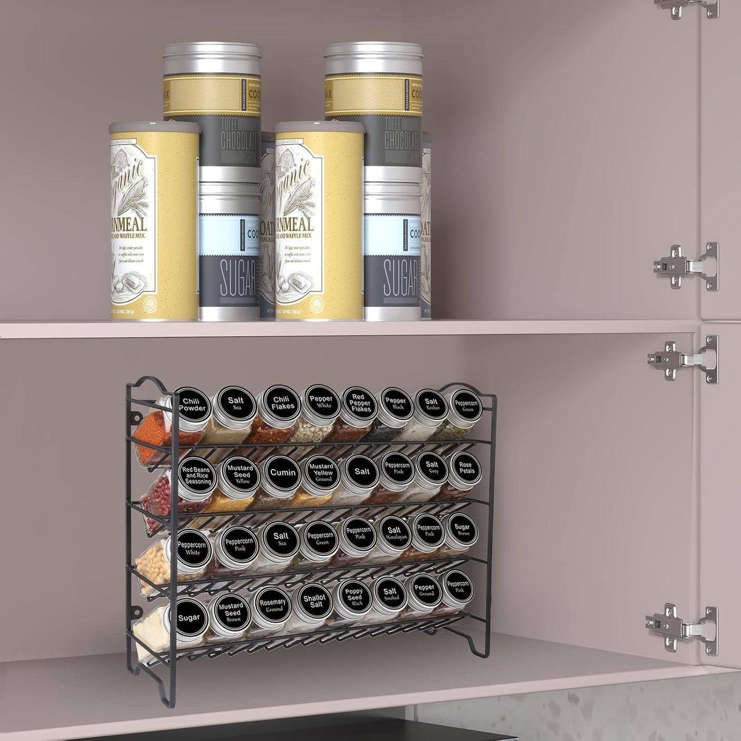 Spice Rack Organizer with 32 Glass Spice Jars and 396 Spice Labels | Chalk Marker, Funnel, 4Oz Empty Spice Bottles, 4 Tier Spice Organizer for Cabinet, Countertop, Cupboard or Wall Mount, Black