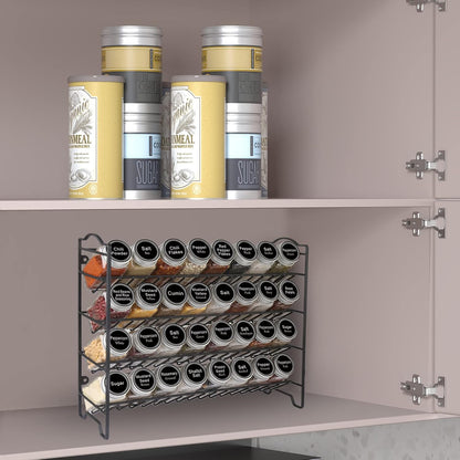 Spice Rack Organizer with 32 Glass Spice Jars and 396 Spice Labels | Chalk Marker, Funnel, 4Oz Empty Spice Bottles, 4 Tier Spice Organizer for Cabinet, Countertop, Cupboard or Wall Mount, Black