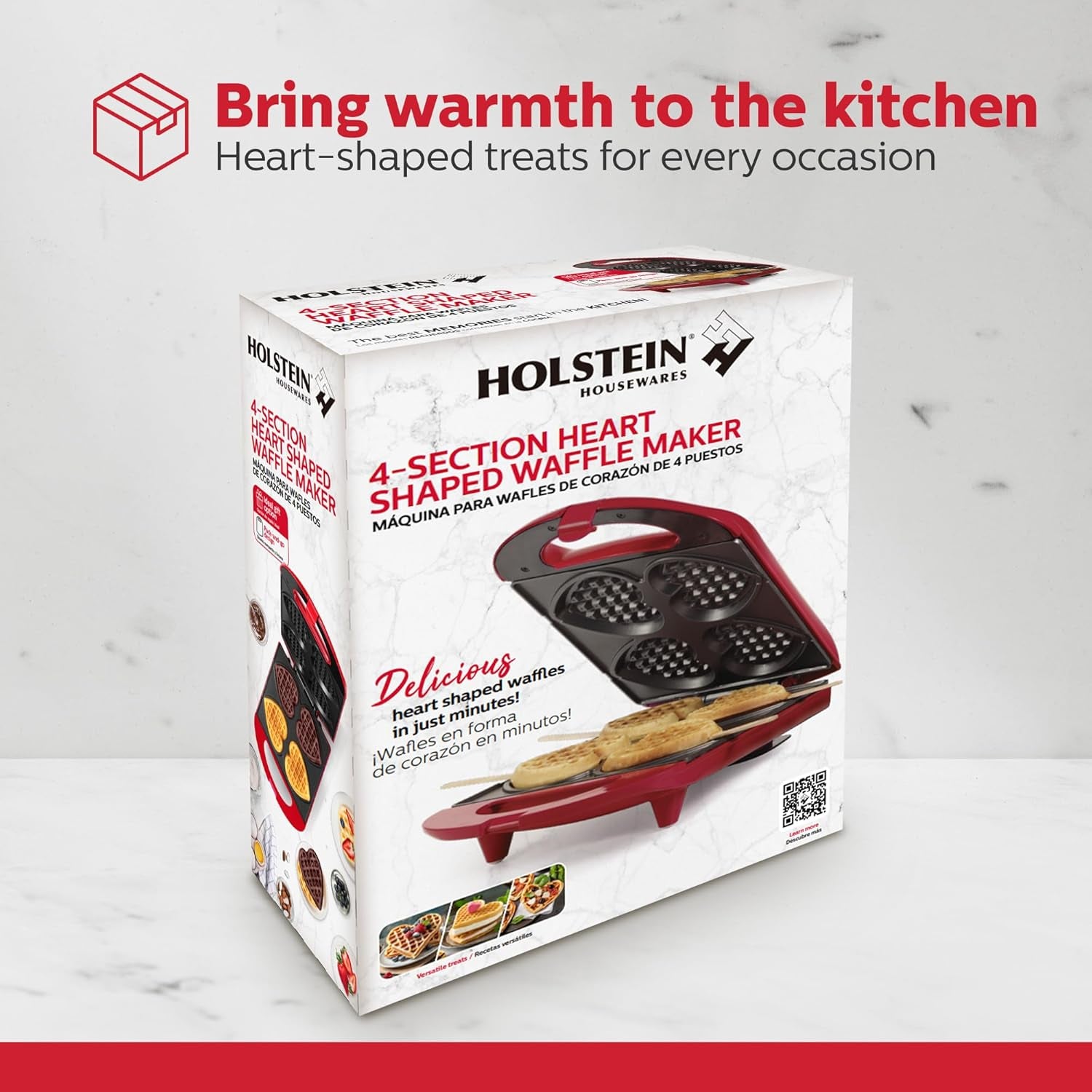 4-Section Heart Shaped Waffle Maker, Non-Stick Waffle Iron, Mini Waffle Maker for Kids, Non-Toxic Coating, Easy to Clean, Makes 4 Heart-Shaped Waffles in Minutes, Red