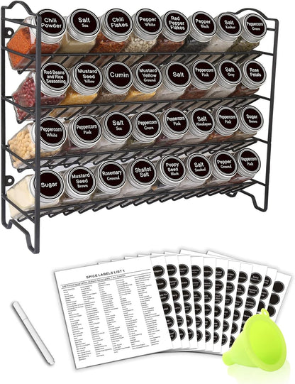 Spice Rack Organizer with 32 Glass Spice Jars and 396 Spice Labels | Chalk Marker, Funnel, 4Oz Empty Spice Bottles, 4 Tier Spice Organizer for Cabinet, Countertop, Cupboard or Wall Mount, Black