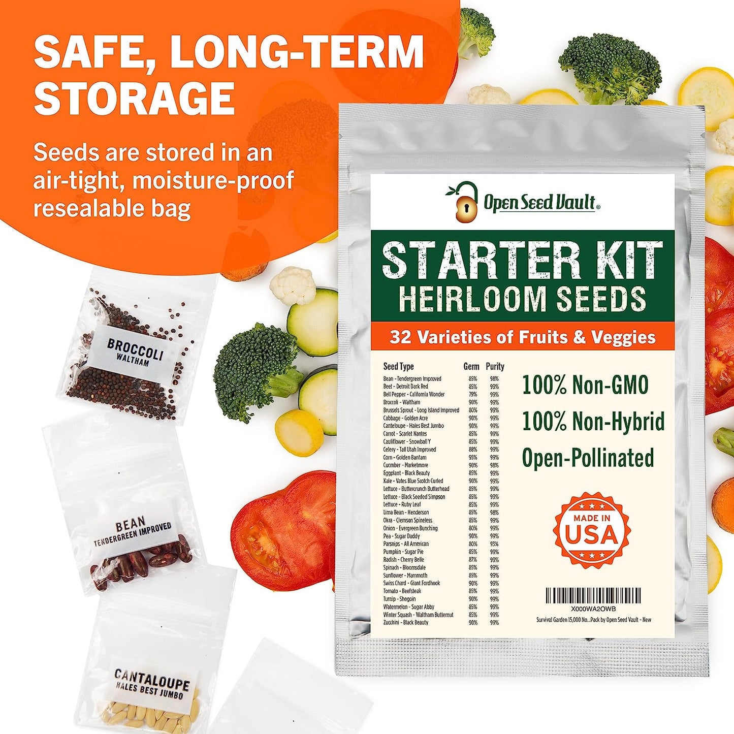 Vegetable & Fruit Seeds | 32 Individual Packs | 2026 Season | Non-Gmo, High Yield - 15,000+ Seeds | Tomato, Cucumber, Zucchini, Bell Pepper and More | for Indoor & Outdoor Garden Planting