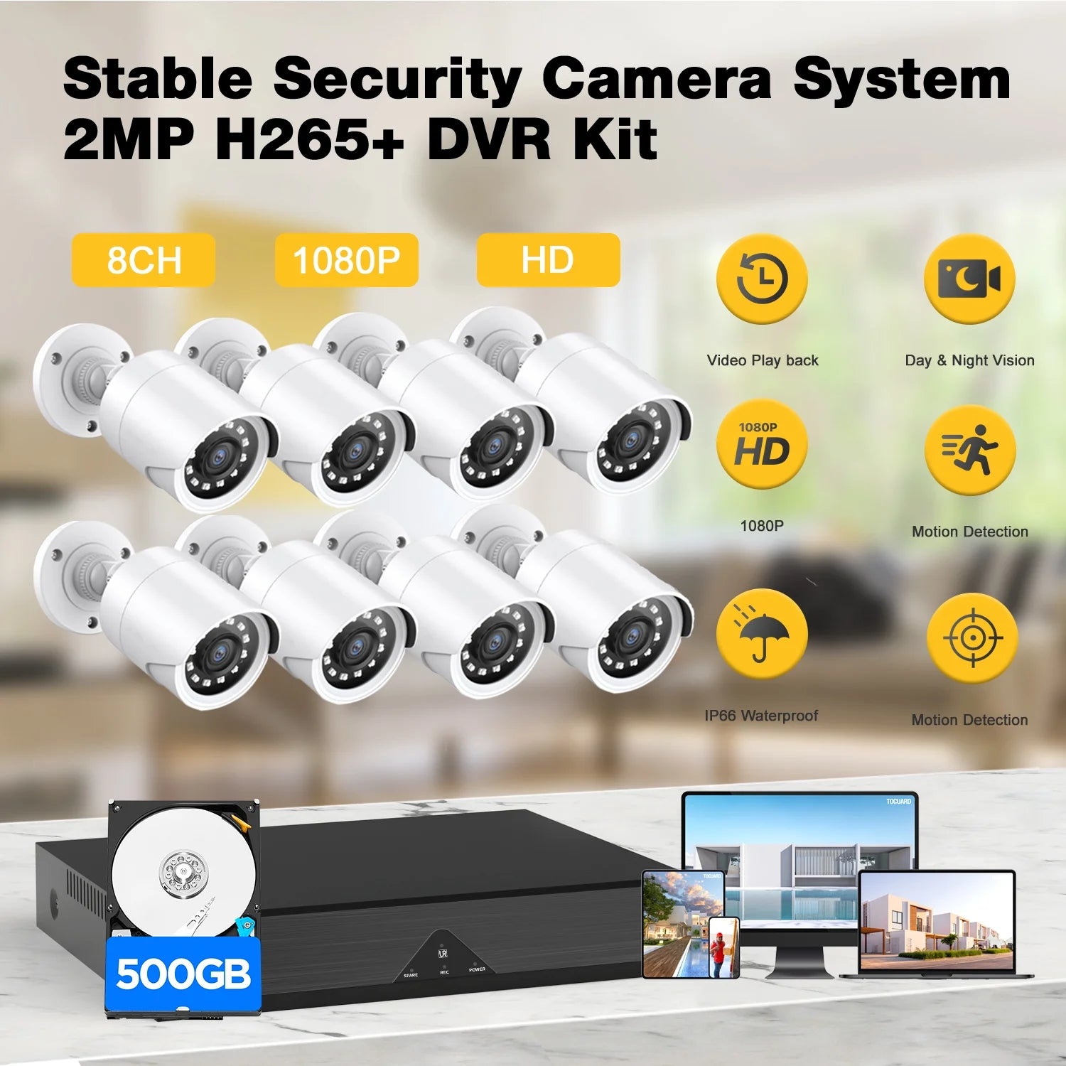 SC35 8CH Wired Security Camera System Outdoor with 500G Hard Drive 8Pcs 1080P Bullet Surveillance Cameras HDMI Connector
