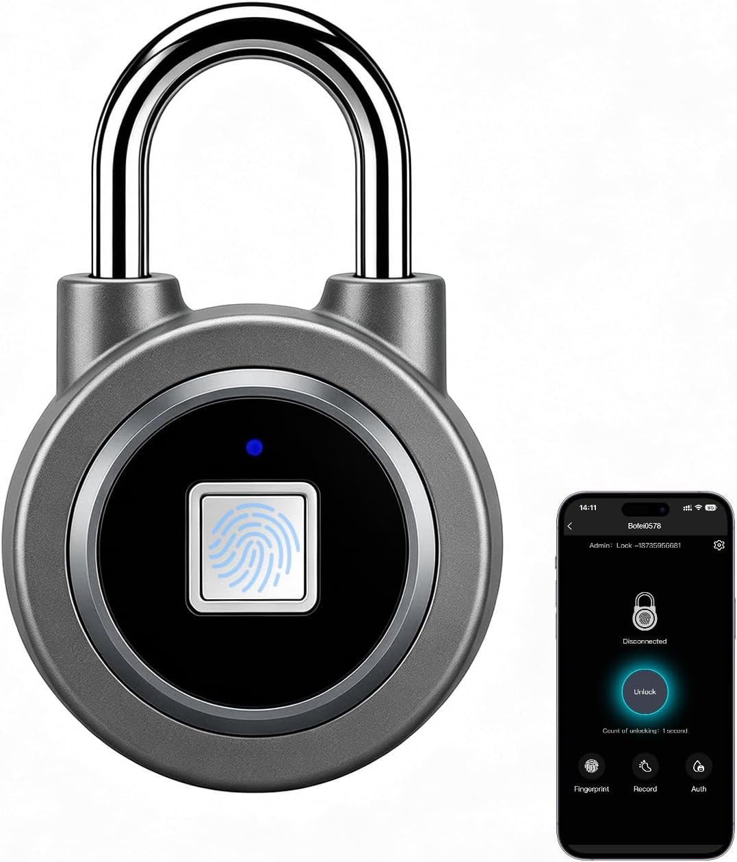 Fingerprint Padlock  Fingerprint Gym Lock for Locker, Biometric Padlock Bluetooth Smart Padlock, Rechargeable Waterproof Lock for Gym Locker, School Locker, Gate, Fence, Shed, Garage (Grey)