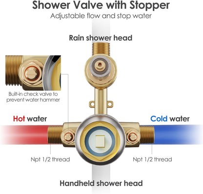 Brushed Gold Shower System with Rough-In Valve, 10 Inch Wall Mounted High Pressure Rainfall Shower Head with Handheld Combo, Luxury All Metal Bathroom Shower Faucet Fixtures Complete Set