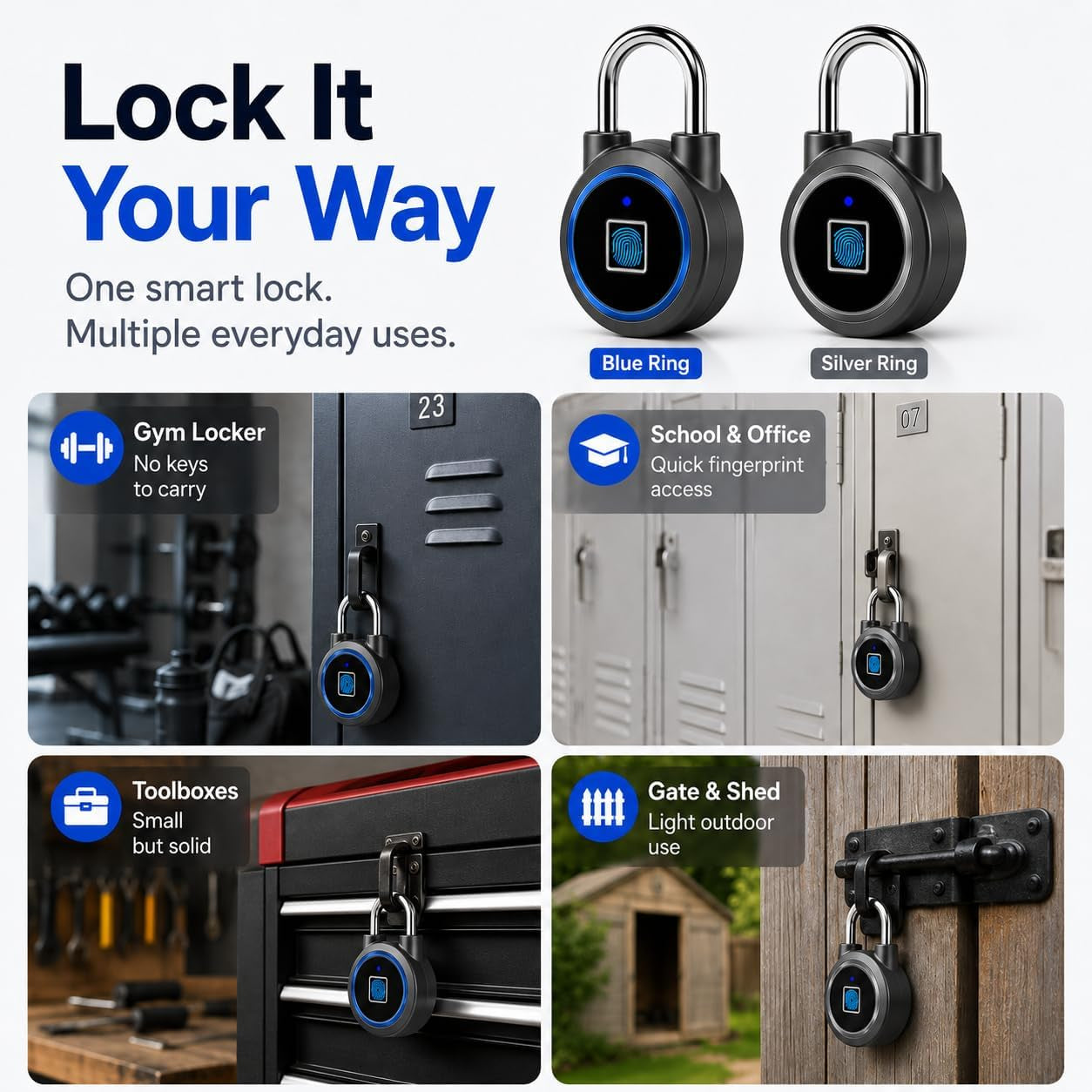 Fingerprint Padlock  Fingerprint Gym Lock for Locker, Biometric Padlock Bluetooth Smart Padlock, Rechargeable Waterproof Lock for Gym Locker, School Locker, Gate, Fence, Shed, Garage (Grey)